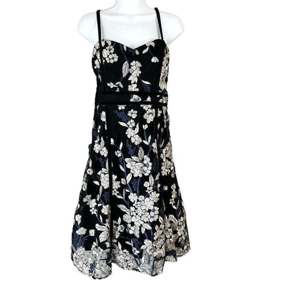 Lulus Black Floral Embroidered Midi Dress L Silver Tulle Bottom Stunning - Picture 1 of 13